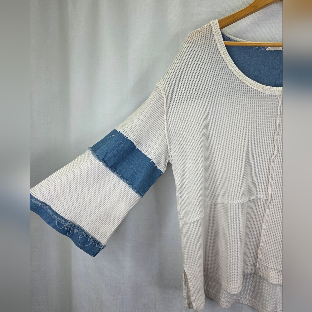 POL Women's Colorblock Waffle Knit  Round Neck Long Sleeve Boho Cottage Core  L - Picture 5 of 15